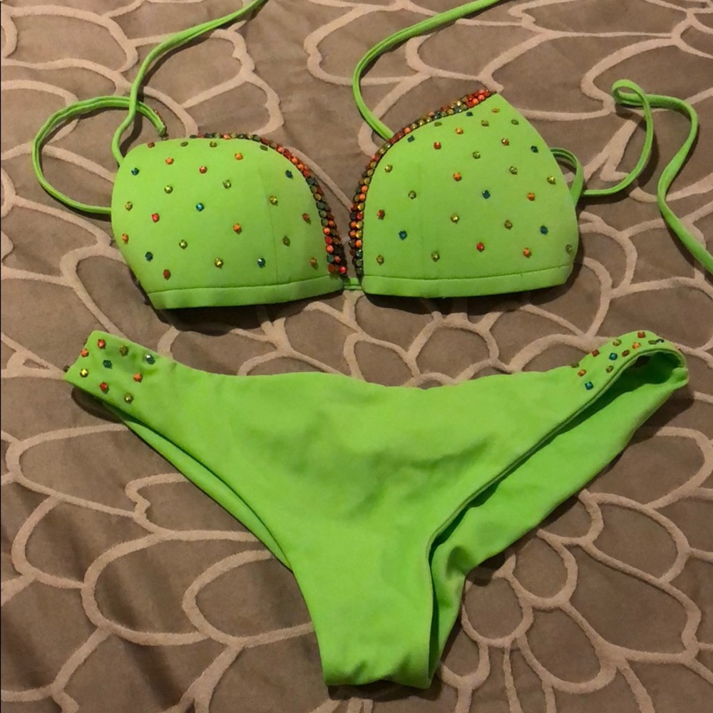 Lime green bikini with beading detail